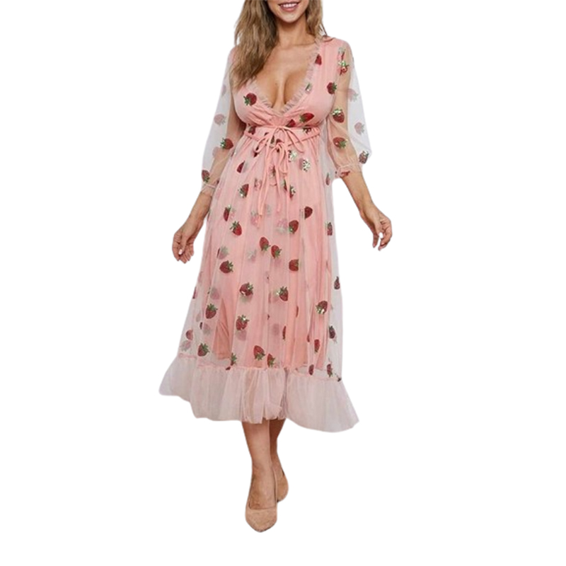 Damska rozkloszowana sukienka tiulowa w truskawki