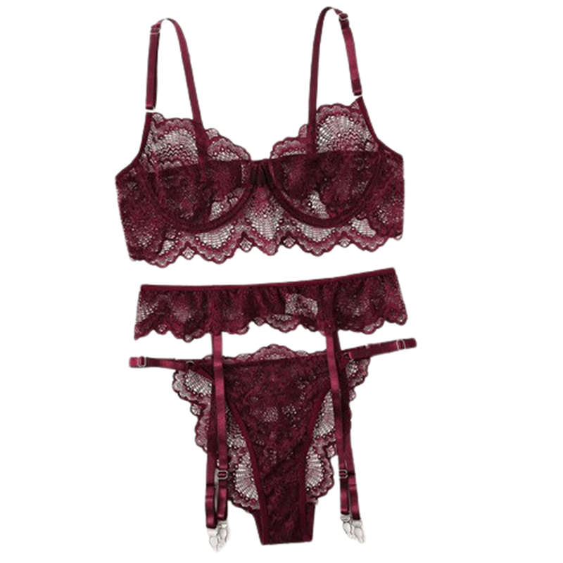 Damski bordowy komplet bielizny koronkowej z podwiązką