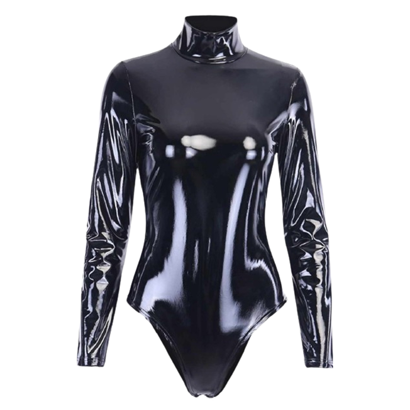 Błyszczące lateksowe damskie body z długim rękawem L/XL