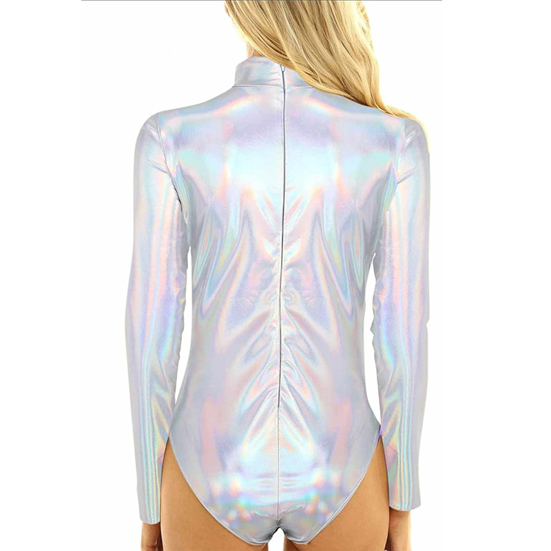 Błyszczące holograficzne srebrne body z długim rękawem L/XL - obrazek 3