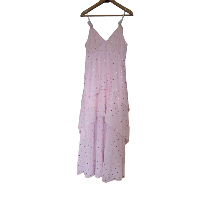 Rozkloszowana sukienka różowa w złote serduszka z falbanką