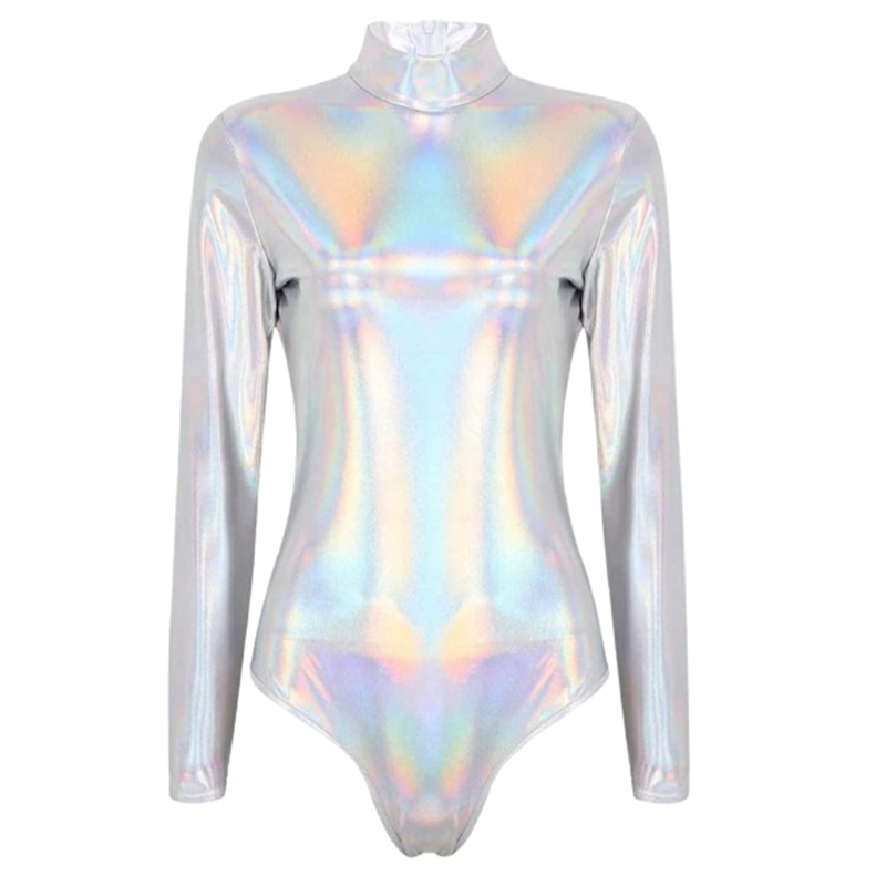 Błyszczące holograficzne srebrne body z długim rękawem L/XL