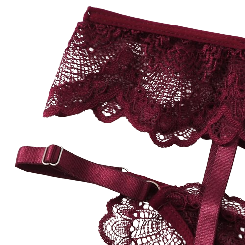 Damski bordowy komplet bielizny koronkowej z podwiązką - obrazek 4