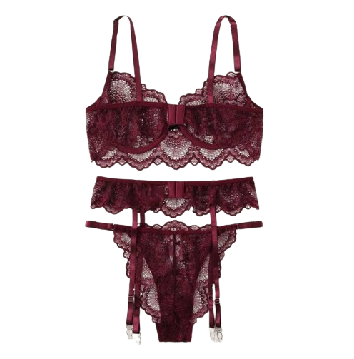 Damski bordowy komplet bielizny koronkowej z podwiązką - obrazek 2