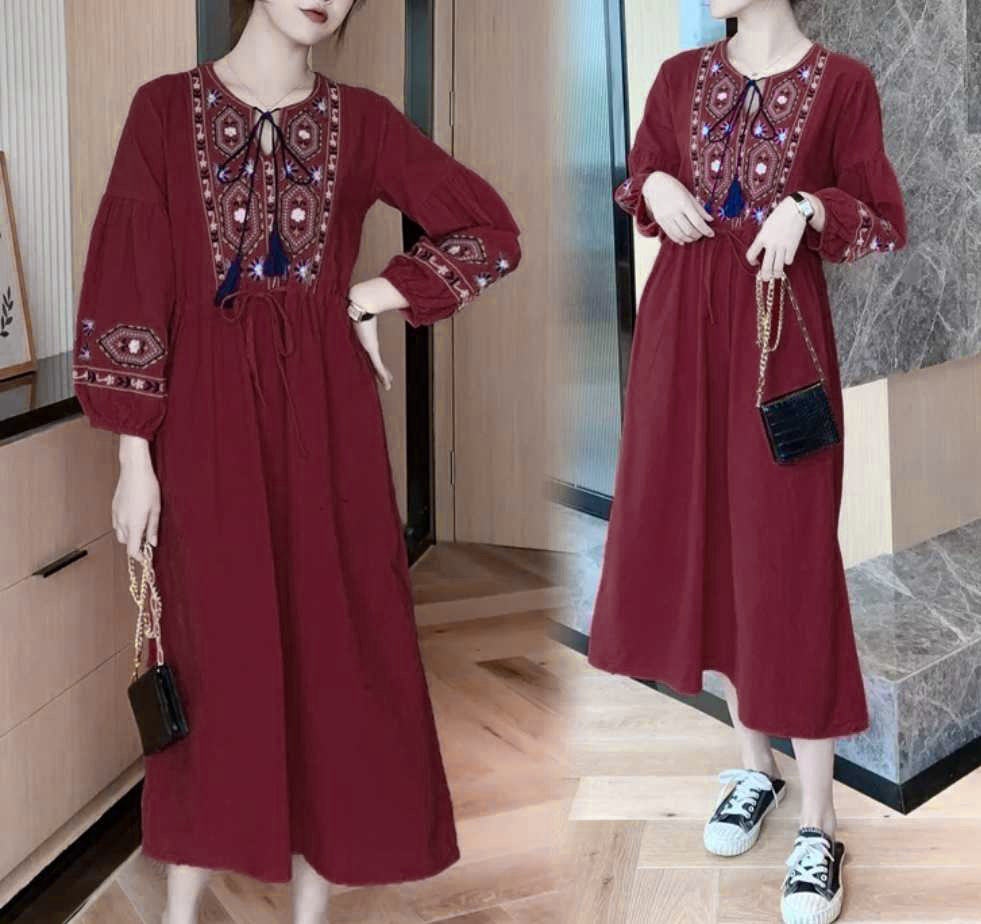 Sukienka Haftowana bordowa boho rozmiar S - obrazek 3