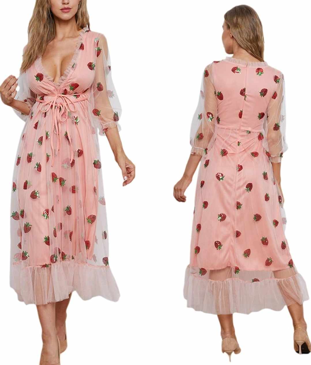 Damska rozkloszowana sukienka tiulowa w truskawki - obrazek 3