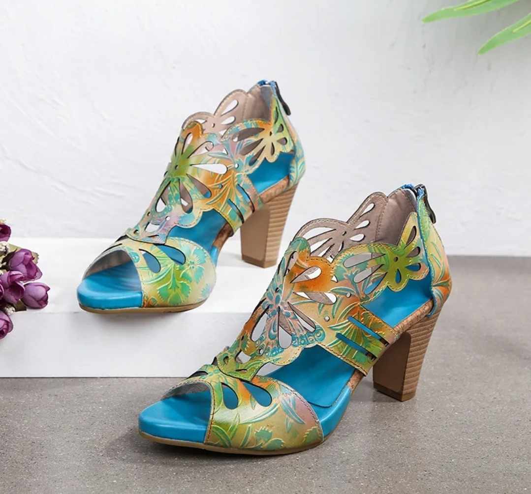 Damskie wielokolorowe sandały na obcasie - obrazek 3