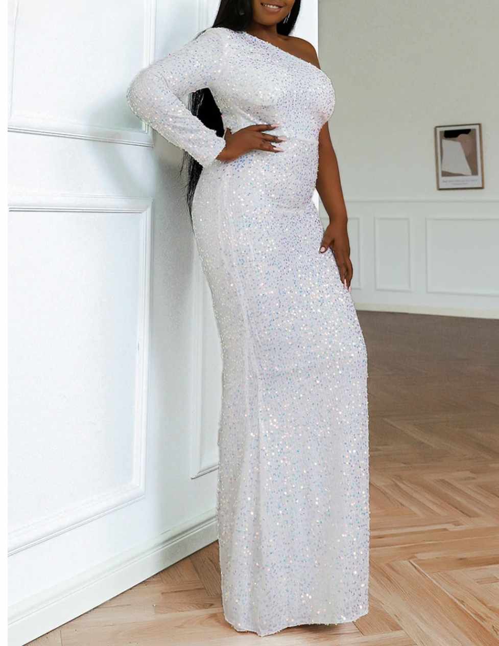 Sukienka CEKINOWA maxi na jedno ramię rozmiar M - obrazek 4