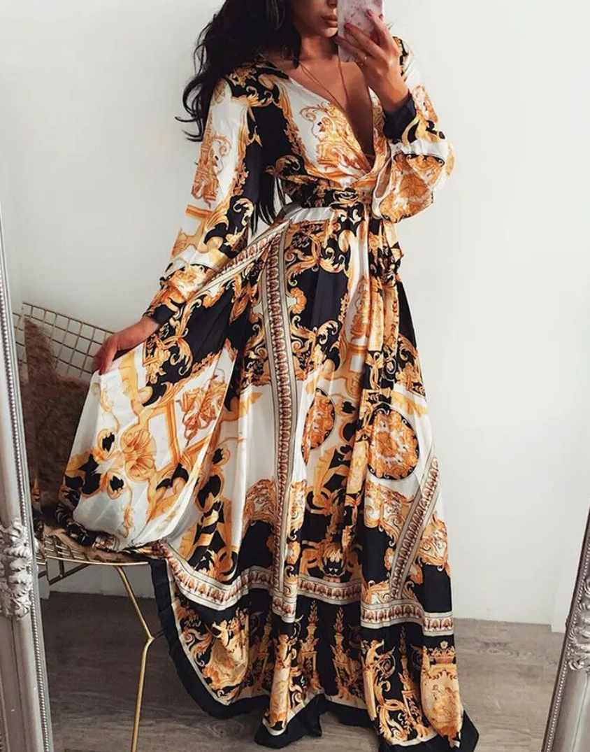 Sukienka wzorzysta maxi z długim rękawem rozmiar L - obrazek 4