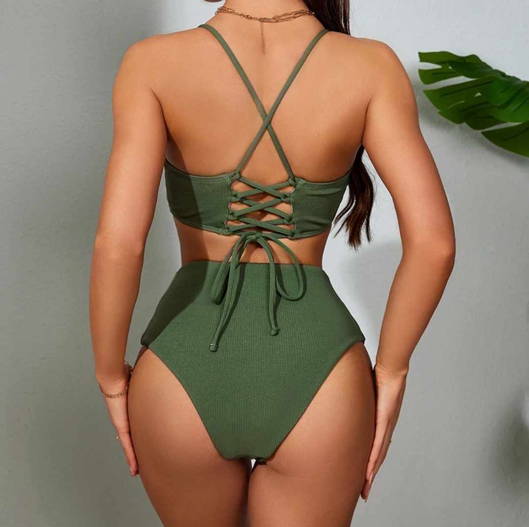 Strój kąpielowy prążkowany dwuczęściowy z falistym brzegiem M - obrazek 4