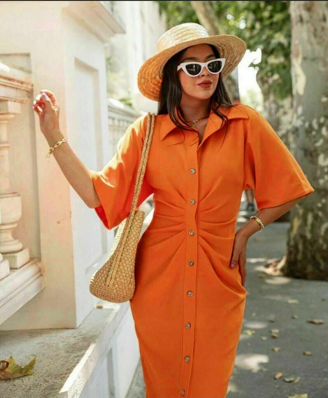 Sukienka koszulowa midi pomarańczowa rozmiar S - obrazek 4