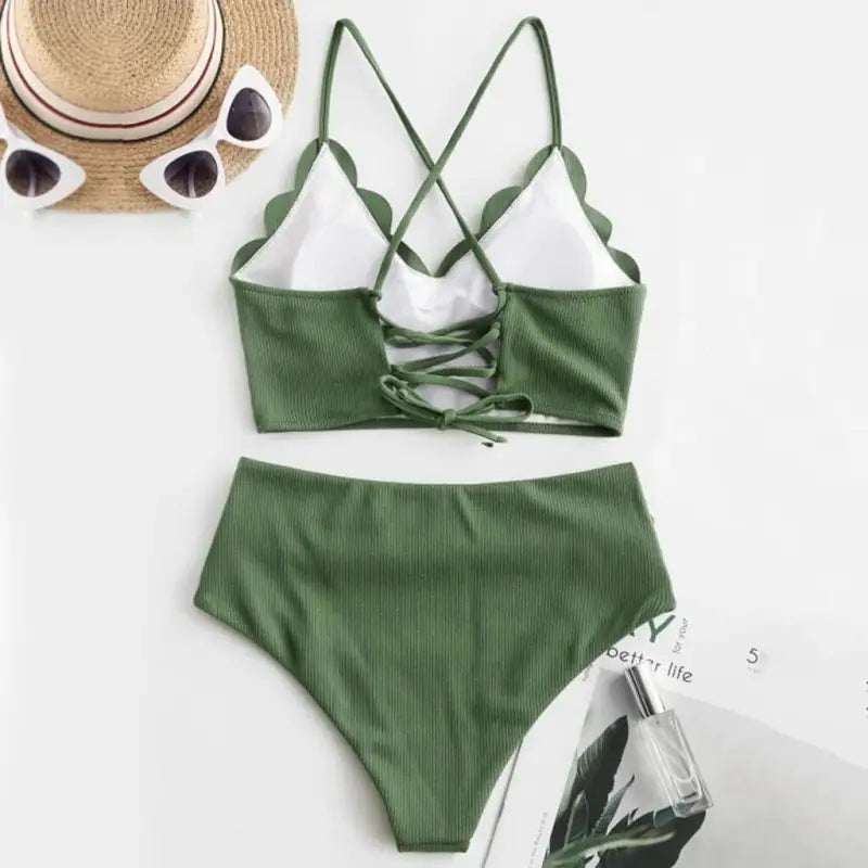 Strój kąpielowy prążkowany dwuczęściowy z falistym brzegiem M - obrazek 2