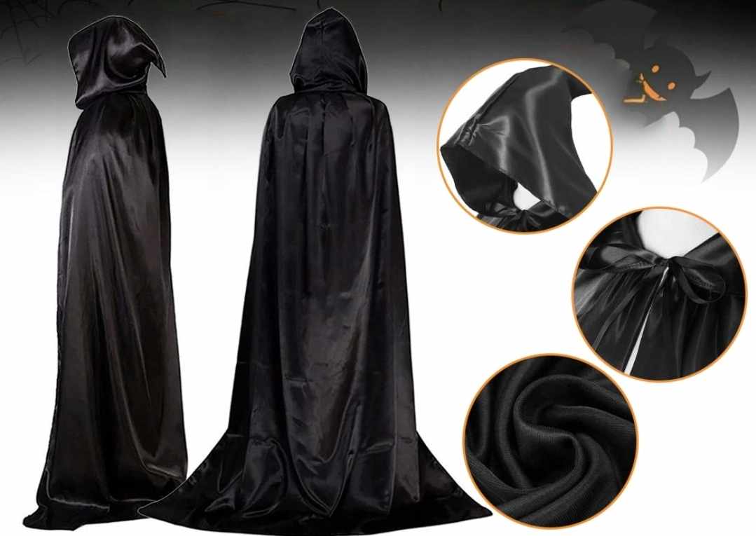 Peleryna satynowa czarna długa z kapturem - obrazek 7