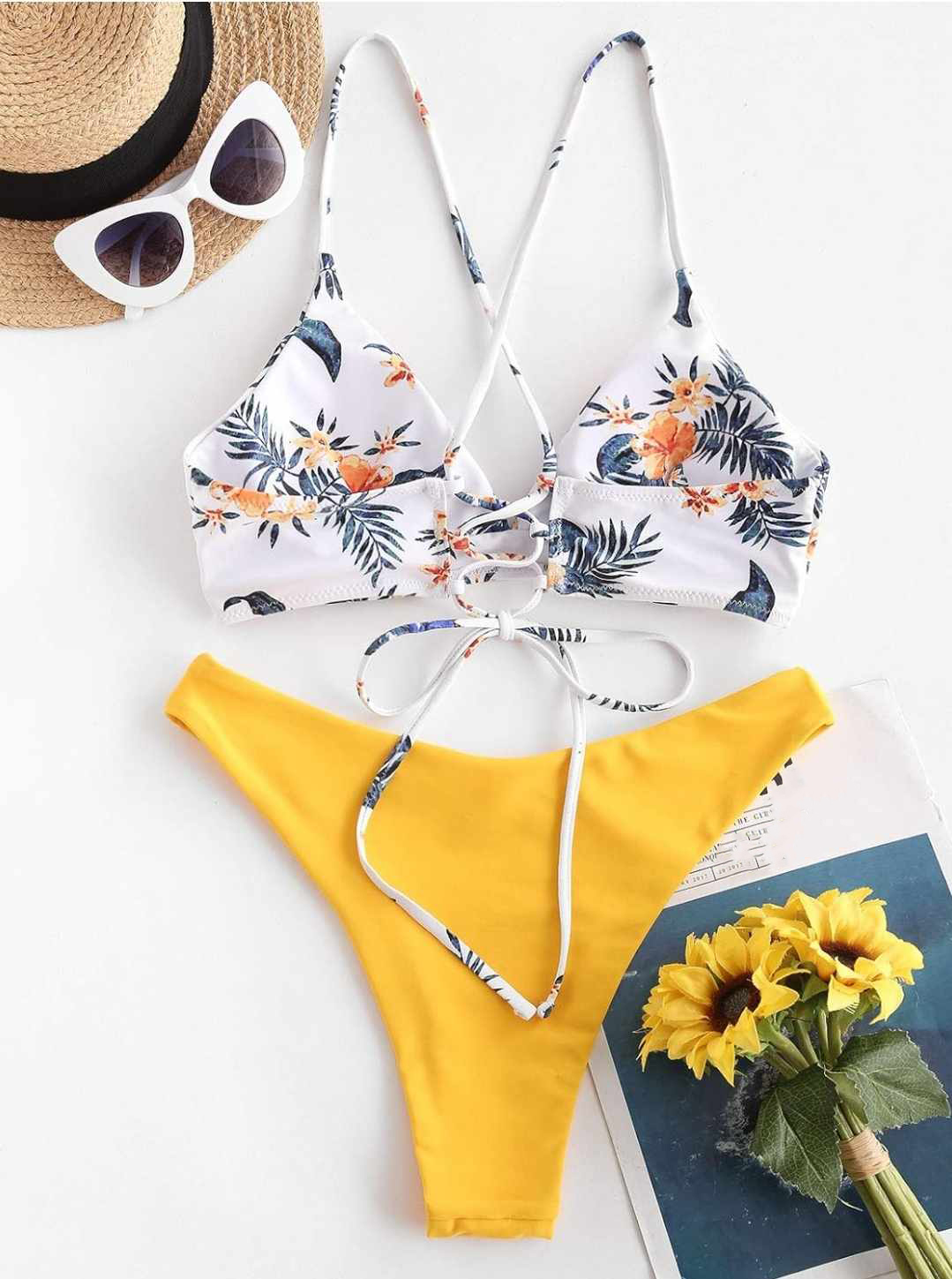 Strój kąpielowy żółty w kwiaty rozmiar M - obrazek 3