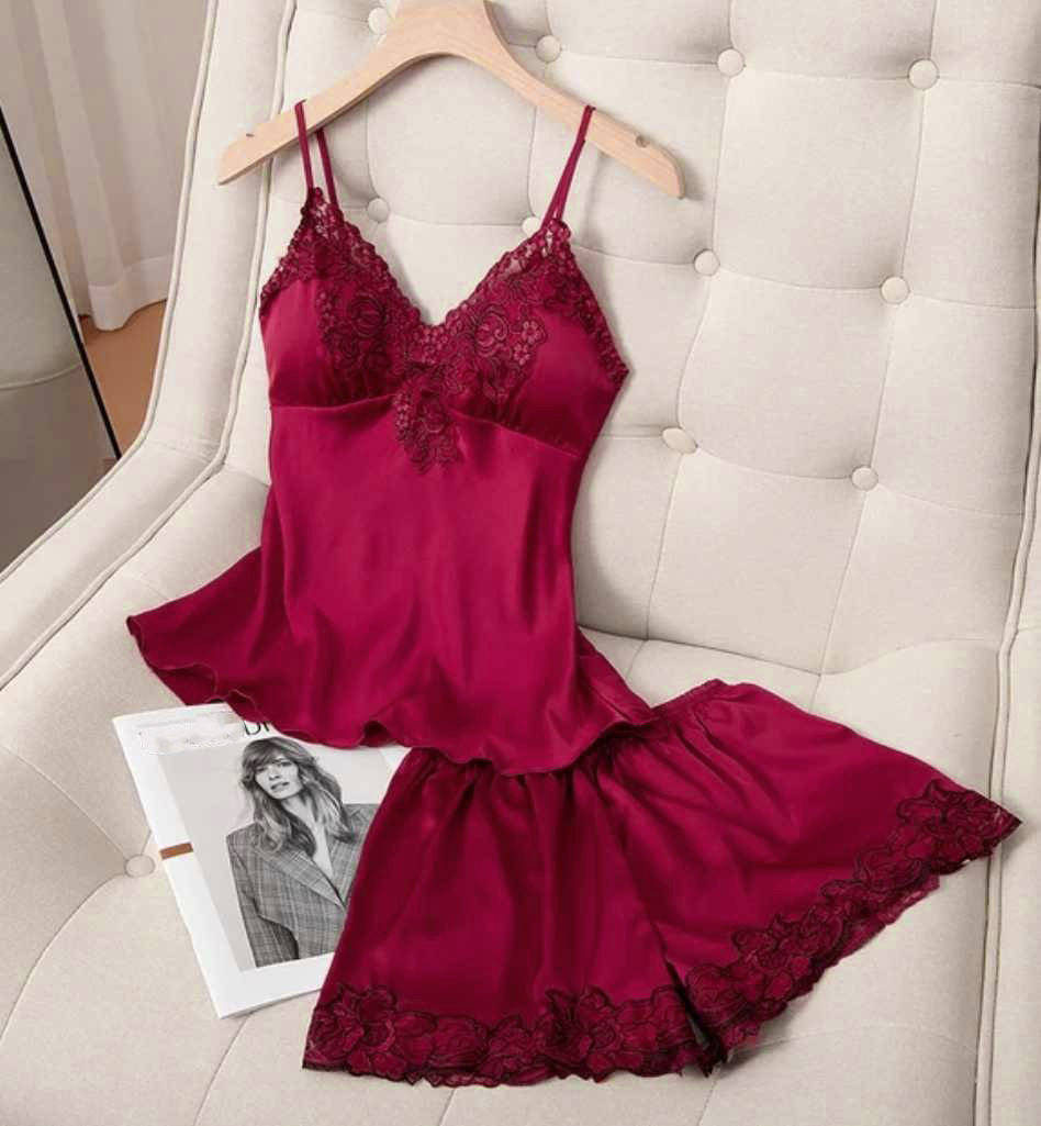 Damska satynowa piżama z koronką rozmiar L - obrazek 3