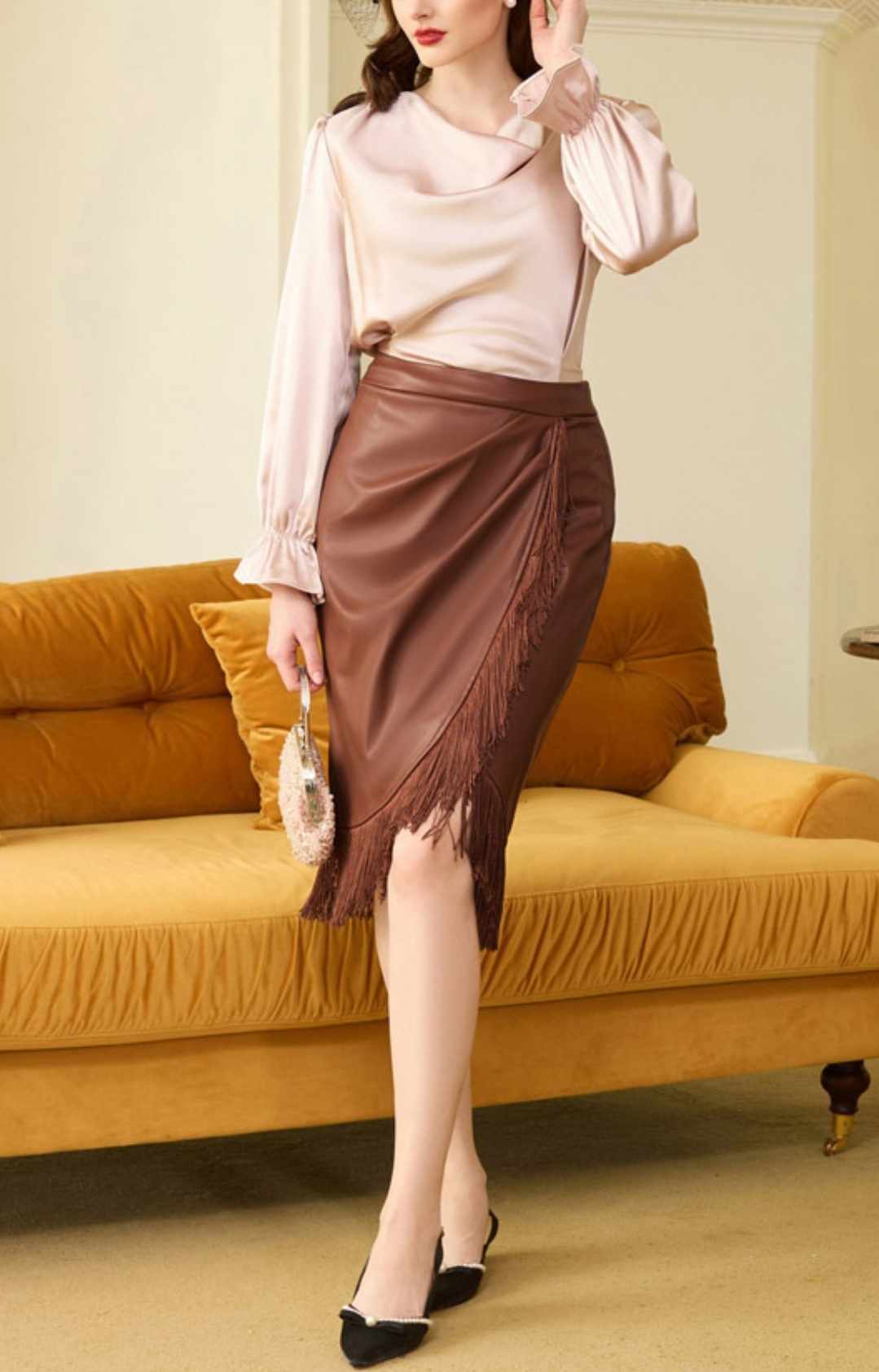 Brązowa spódnica midi z frędzlami rozmiar L - obrazek 5