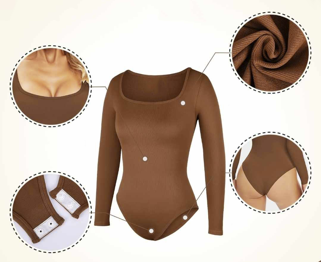 Prążkowane body brązowe z długim rękawem - obrazek 2