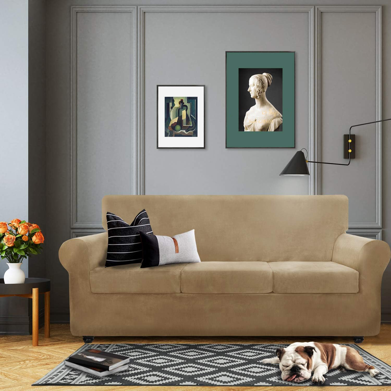 Elastyczny beżowy pokrowiec aksamitny na 2-osobową sofę - obrazek 4