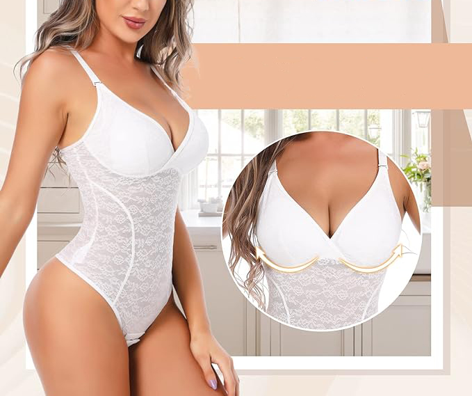 Koronkowe białe body modelujące L - obrazek 3