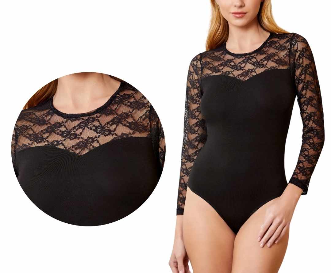 Damskie body czarne z długim koronkowym rękawem - obrazek 3