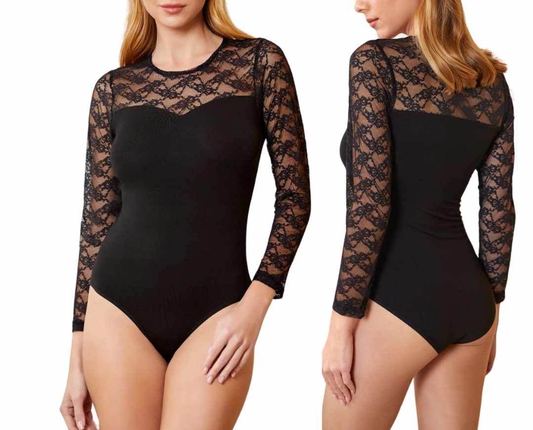 Damskie body czarne z długim koronkowym rękawem - obrazek 2