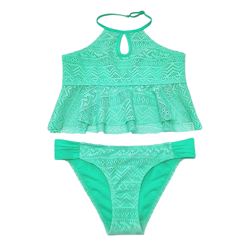 Dziewczęcy dwuczęściowy strój kąpielowy z falbanką