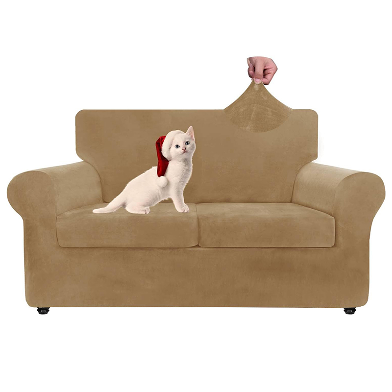 Elastyczny beżowy pokrowiec aksamitny na 2-osobową sofę