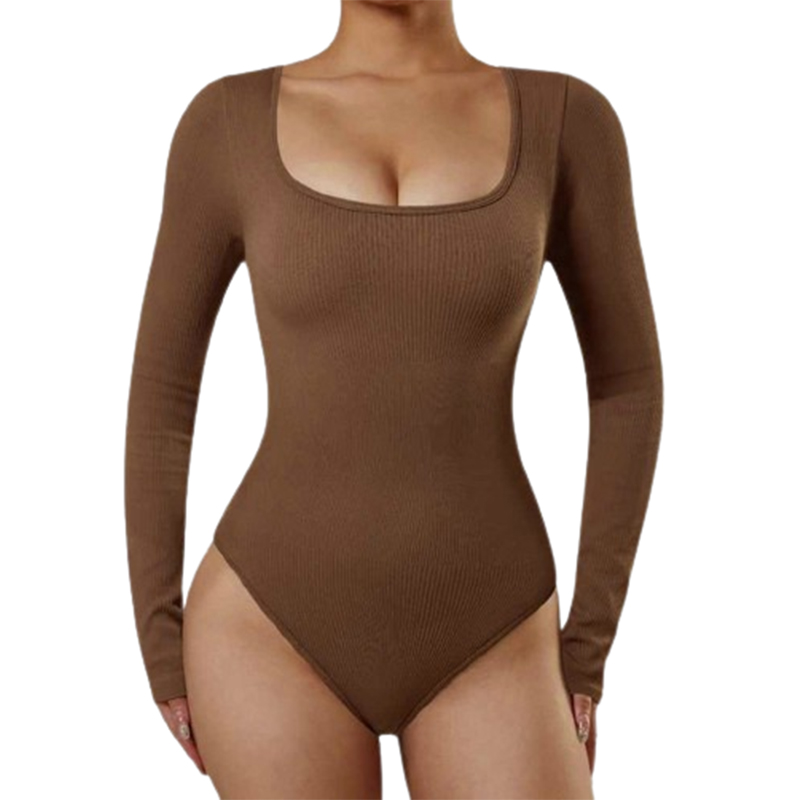 Prążkowane body brązowe z długim rękawem