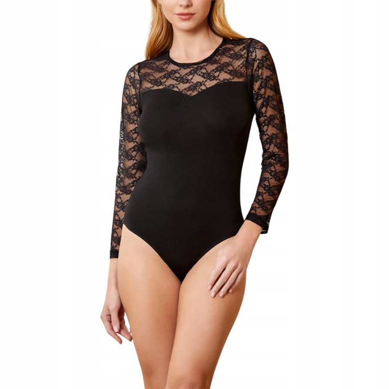 Damskie body czarne z długim koronkowym rękawem