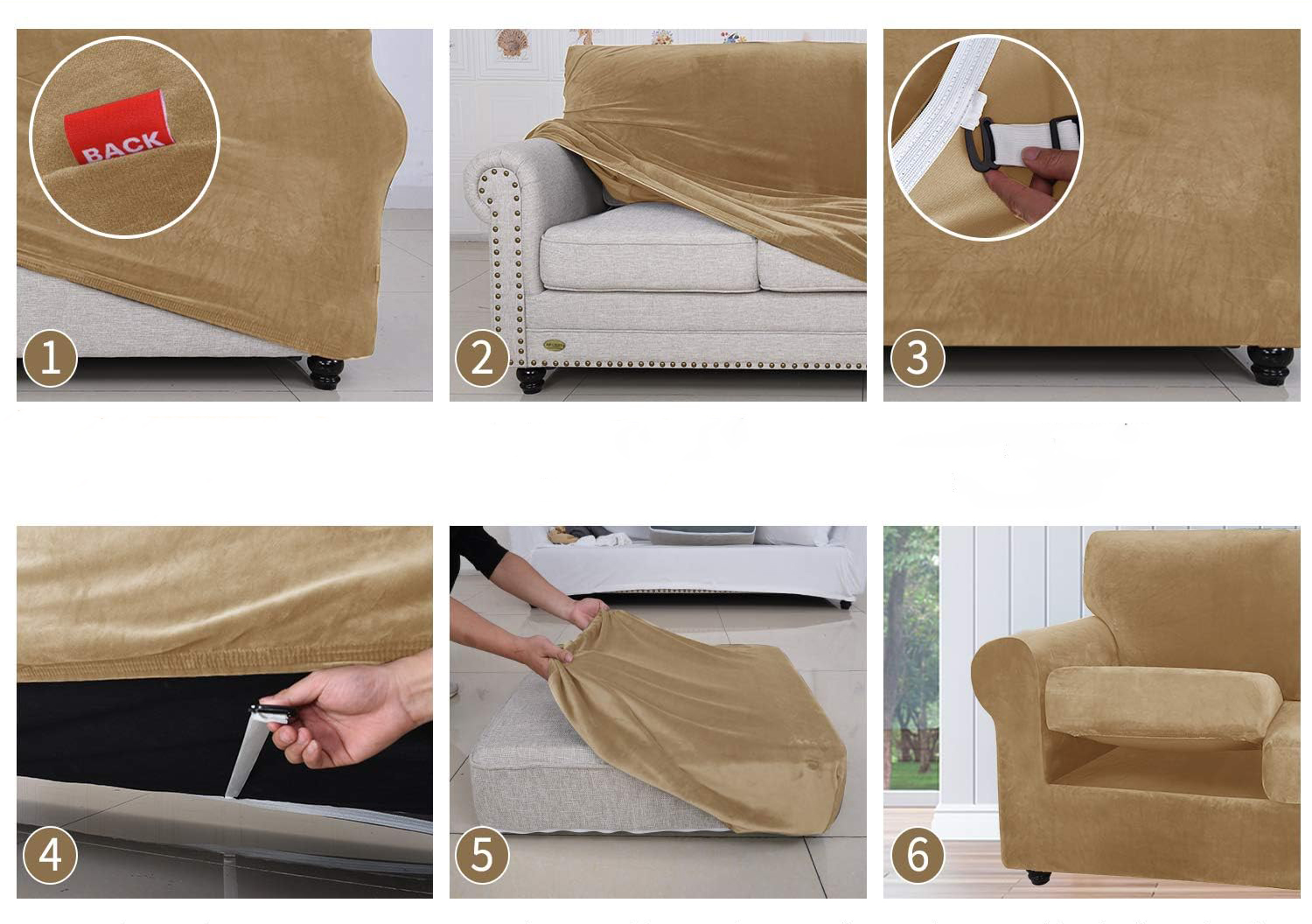 Elastyczny beżowy pokrowiec aksamitny na 2-osobową sofę - obrazek 5