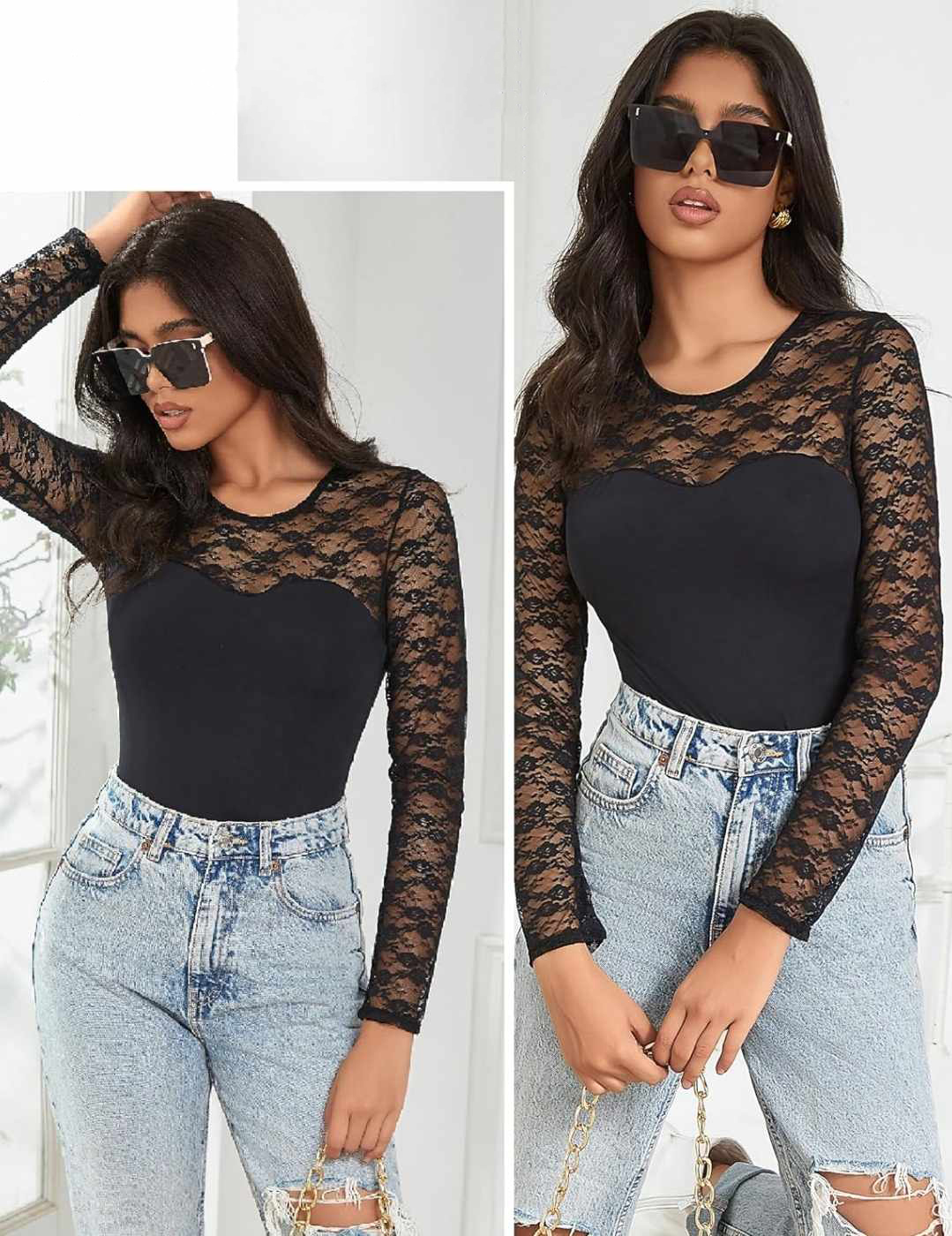 Damskie body czarne z długim koronkowym rękawem - obrazek 5
