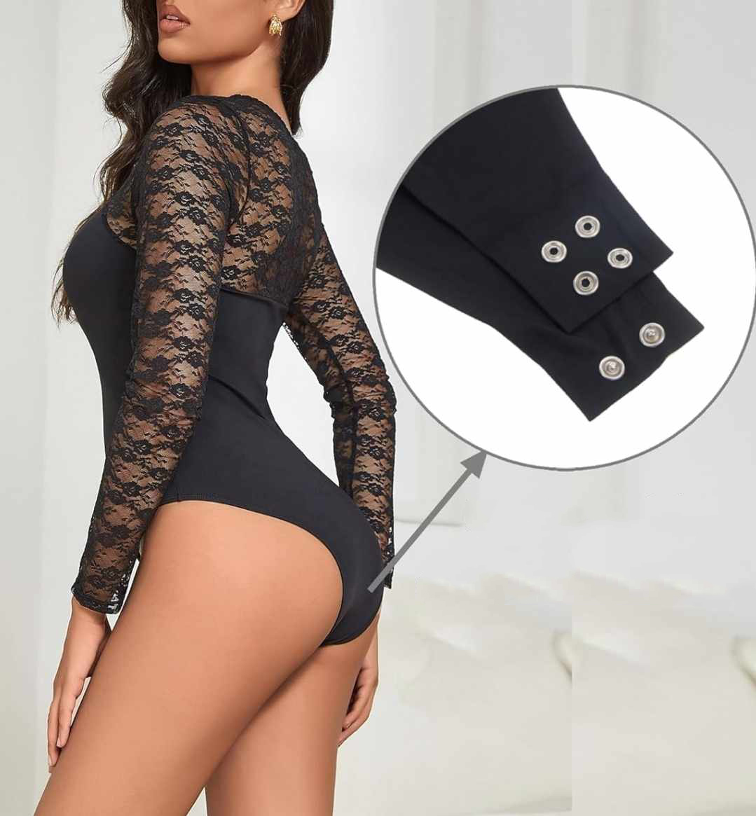 Damskie body czarne z długim koronkowym rękawem - obrazek 4