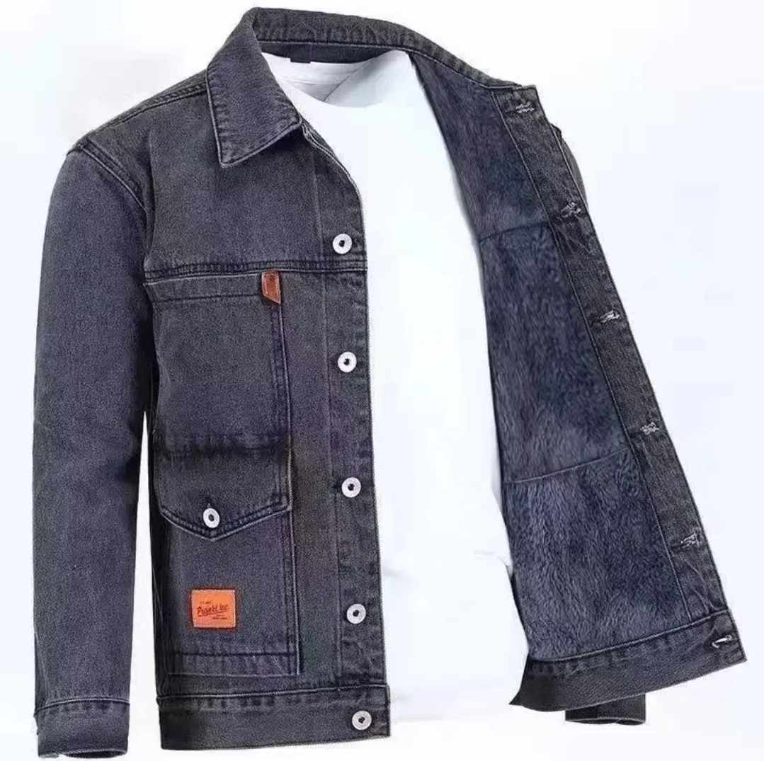 Męska ocieplana szara kurtka jeansowa - obrazek 2