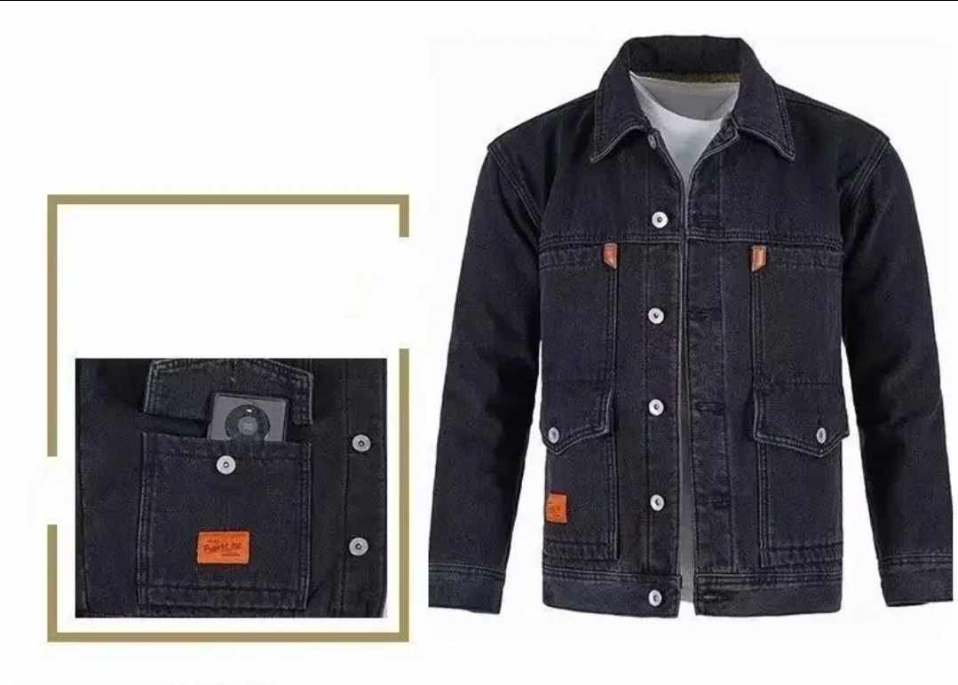 Męska ocieplana szara kurtka jeansowa - obrazek 6