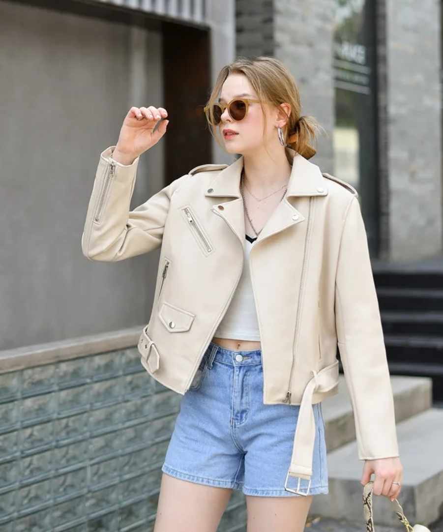 Damska kremowa ramoneska skórzana - obrazek 7