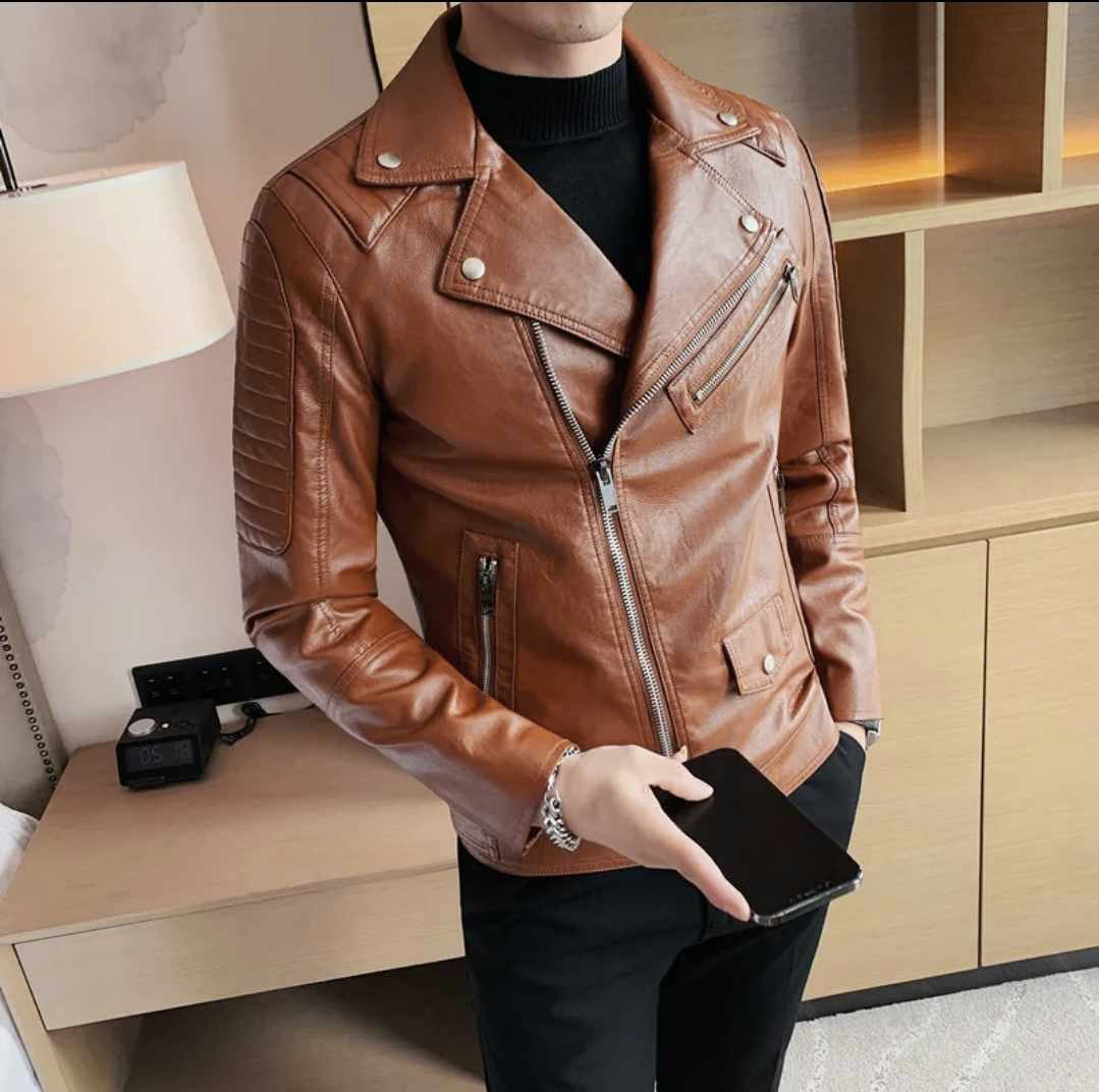 Męska ramoneska brązowa ze skóry ekologicznej - obrazek 2