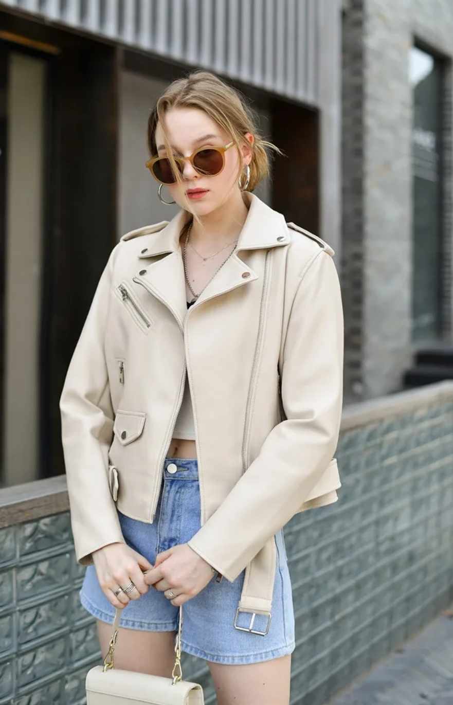 Damska kremowa ramoneska skórzana - obrazek 6