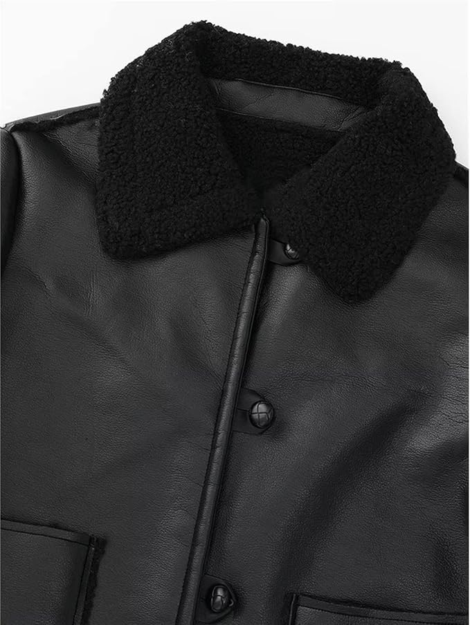 Damska krótka czarna kurtka ocieplana kożuszkiem - obrazek 6