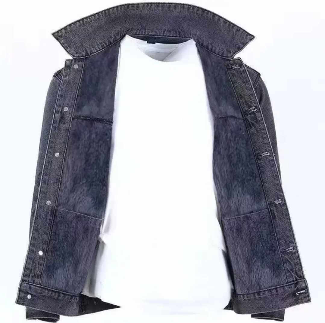 Męska ocieplana szara kurtka jeansowa - obrazek 3