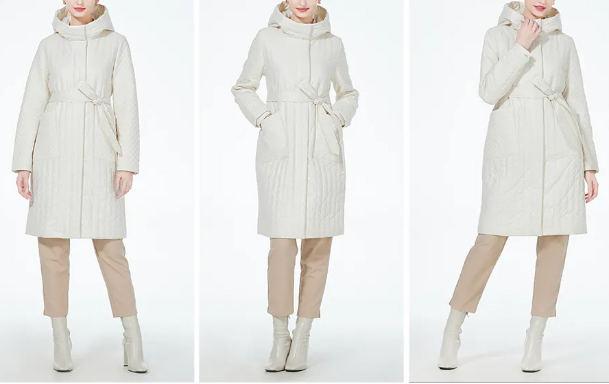 Pikowany damski płaszcz w kolorze ecru - obrazek 3