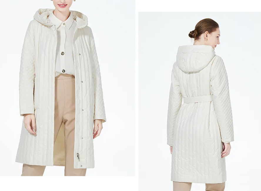 Pikowany damski płaszcz w kolorze ecru - obrazek 2