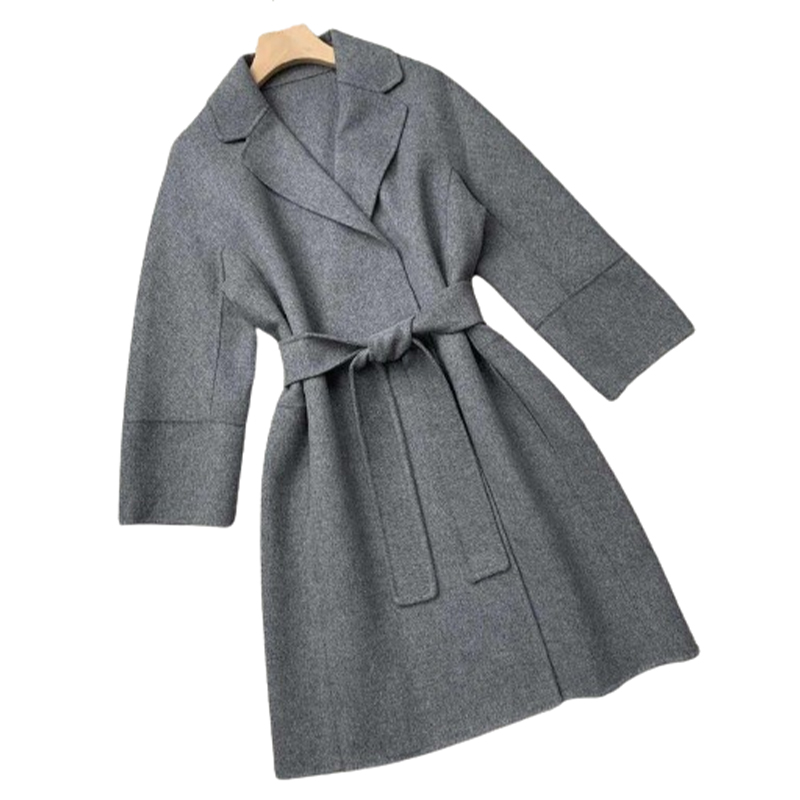 Szary płaszcz damski wiązany L