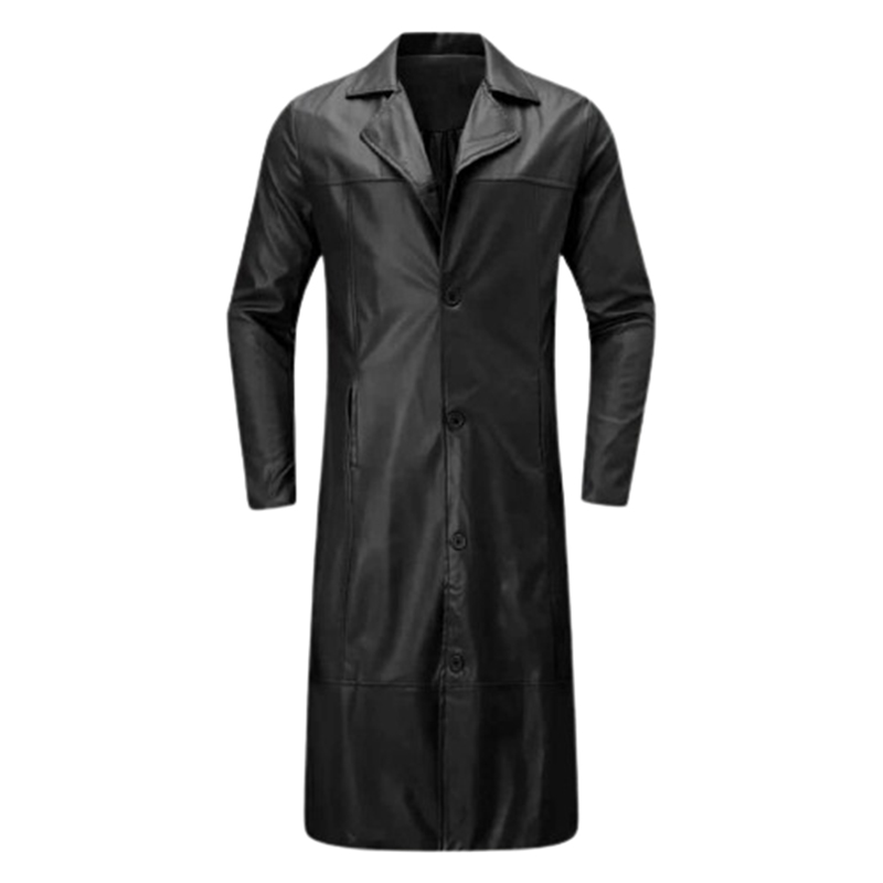 Męski czarny płaszcz ze skóry ekologicznej