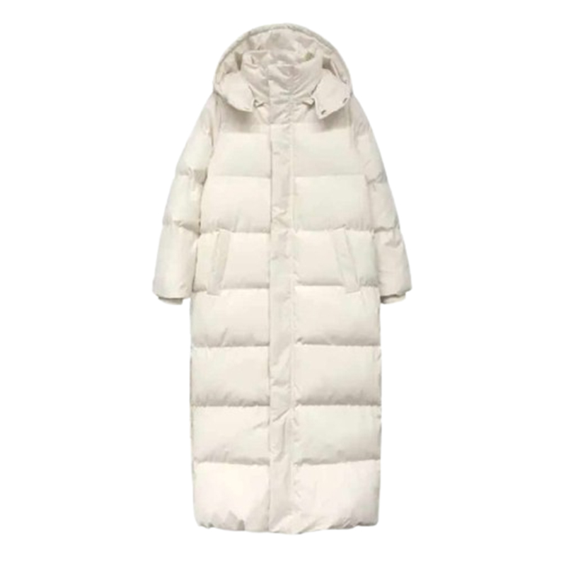 Puchowy długi płaszcz z kapturem rozmiar S