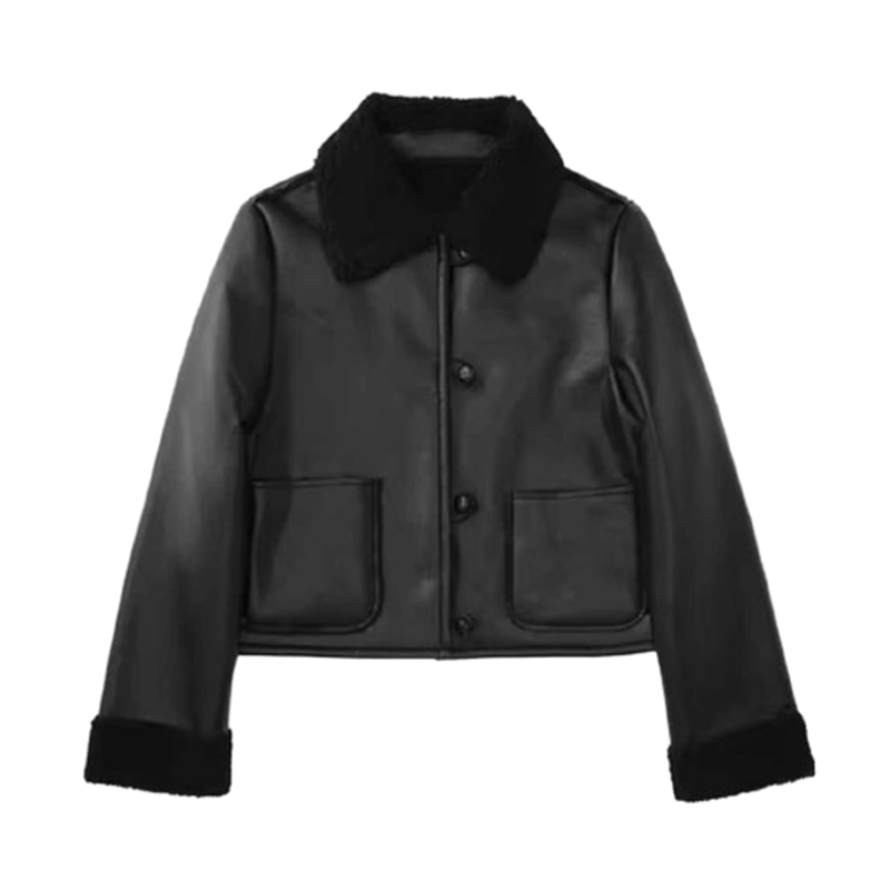 Damska krótka czarna kurtka ocieplana kożuszkiem