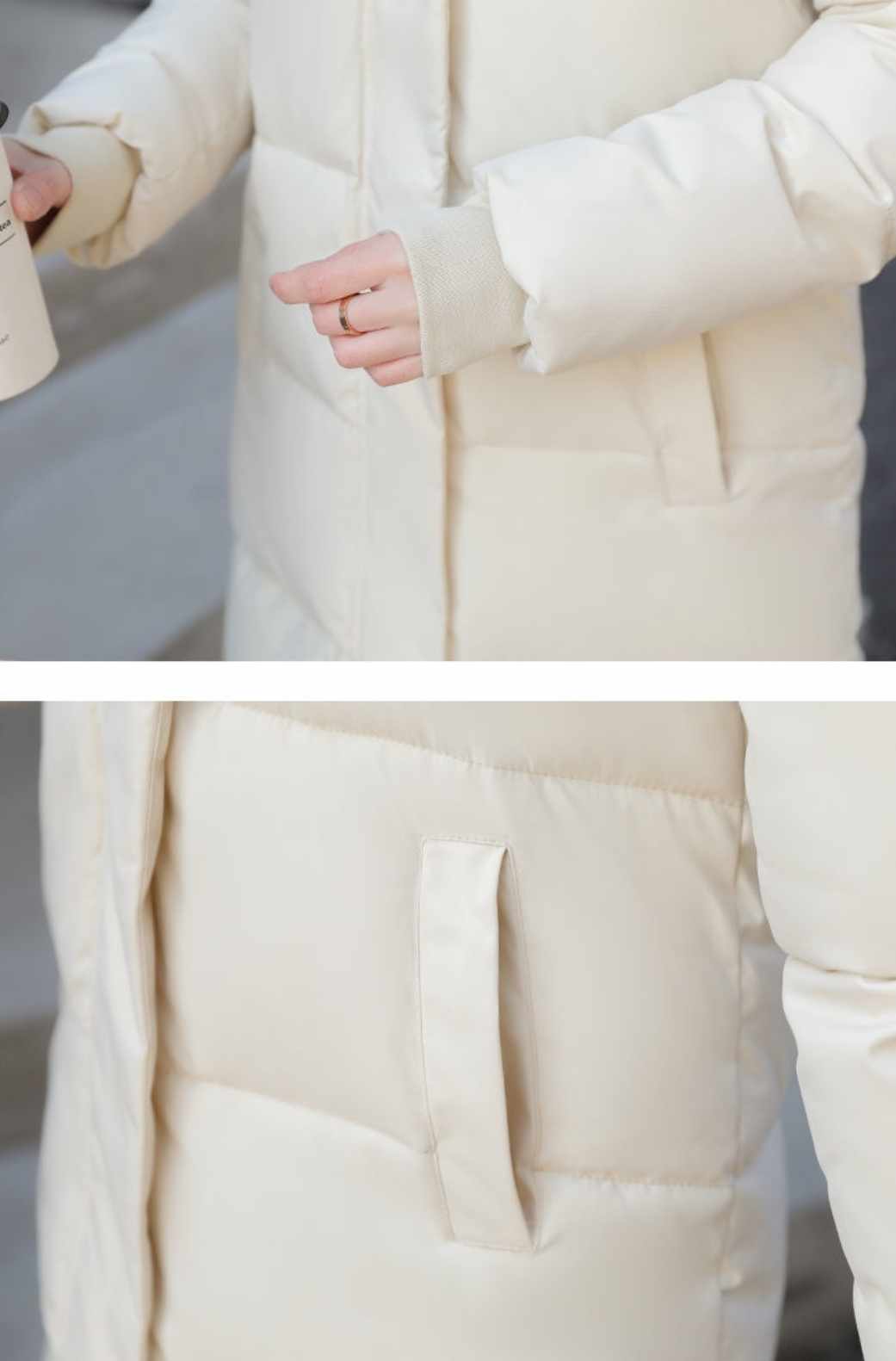 Puchowy długi płaszcz z kapturem rozmiar S - obrazek 4