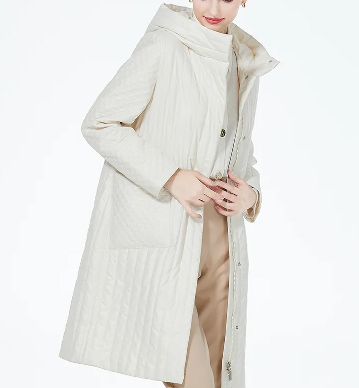 Pikowany damski płaszcz w kolorze ecru - obrazek 5