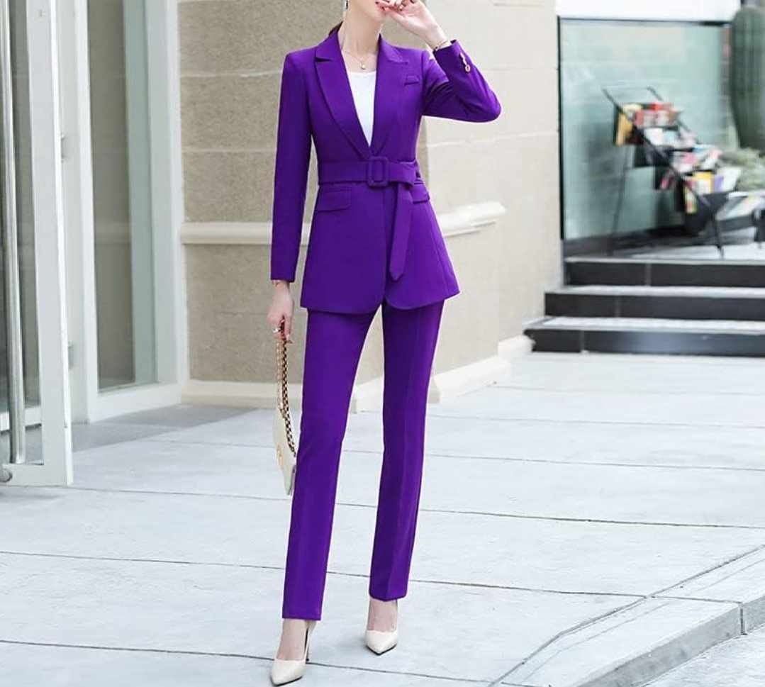 Damski elegancki dwuczęściowy garnitur fioletowy S - obrazek 2