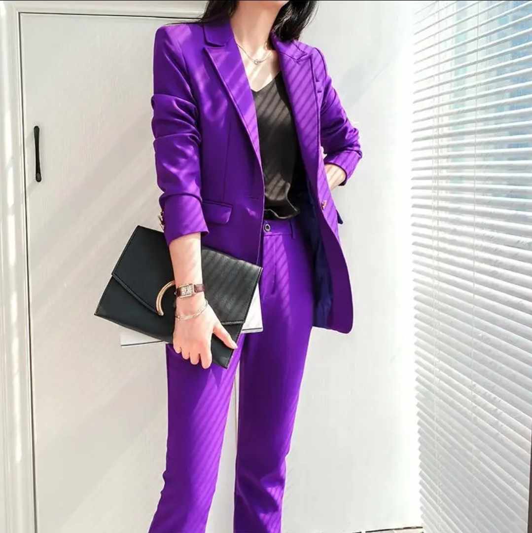 Damski elegancki dwuczęściowy garnitur fioletowy S - obrazek 6