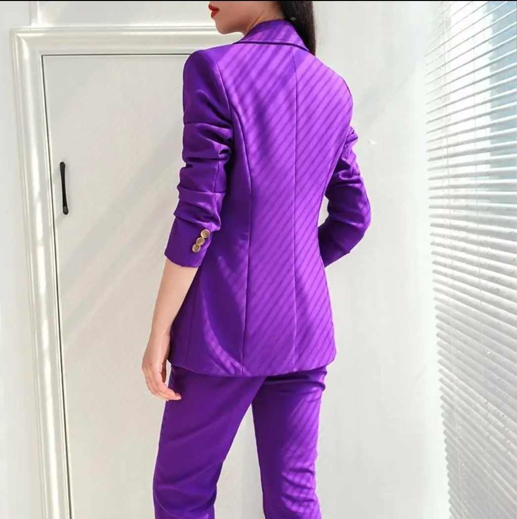 Damski elegancki dwuczęściowy garnitur fioletowy S - obrazek 5